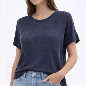 Theory Linen Knit Ribbed Dolman Short Sleeves Top